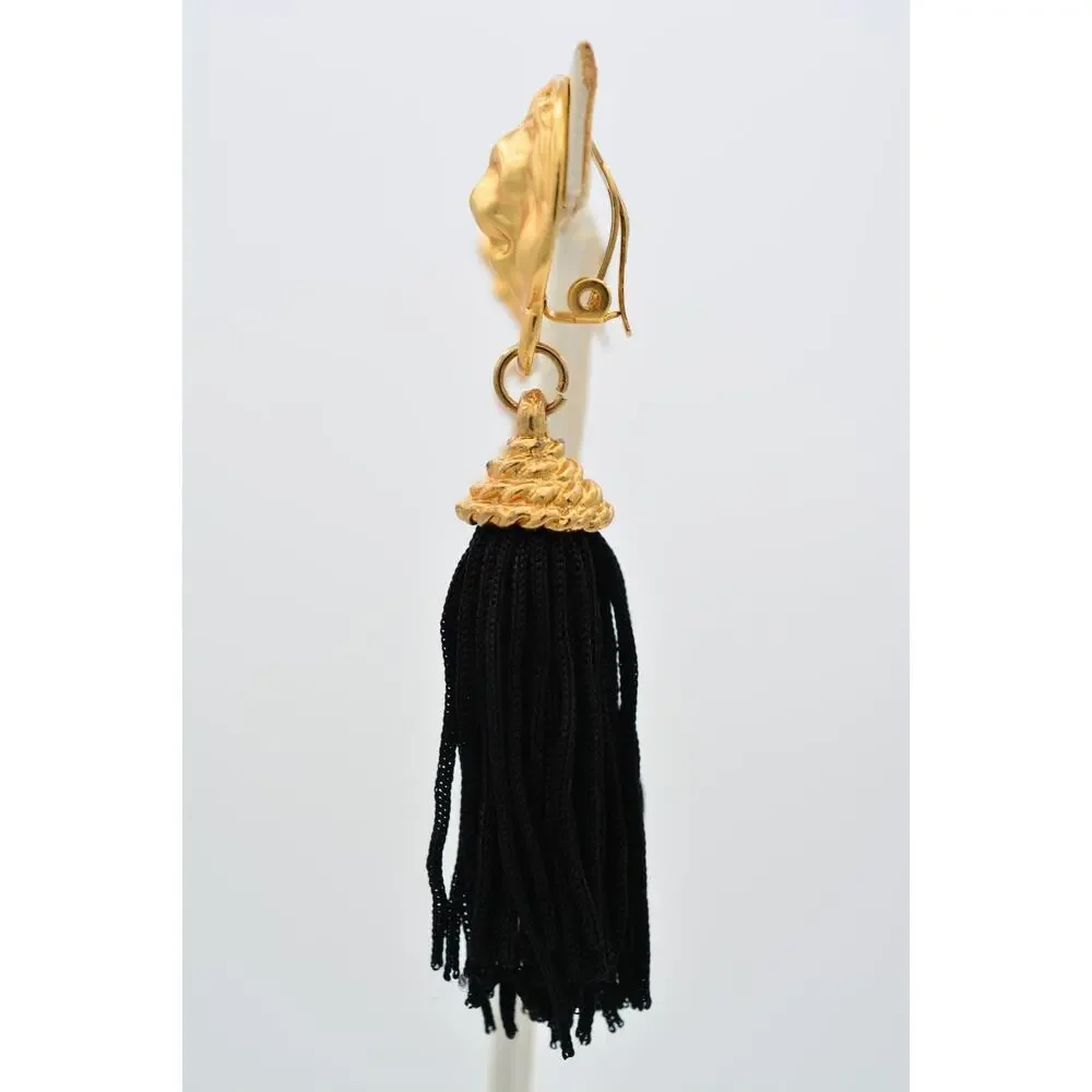 Vintage Lion Head Black Tassel Clip On Statement Earrings Brushed Gold 80s BinAR